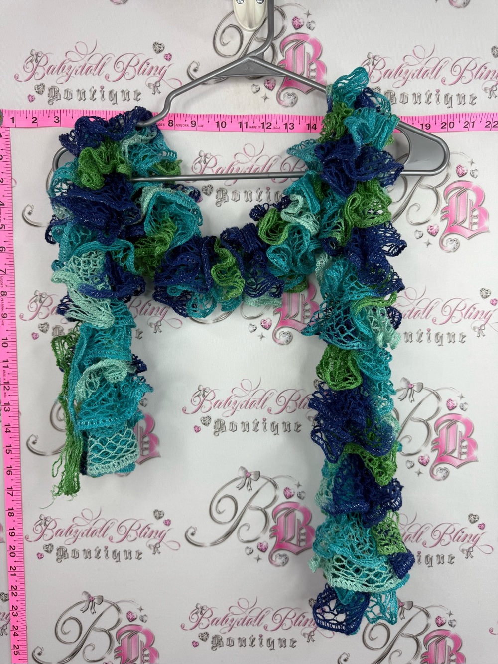 Scarf Y2K ruffle frilly crochet Lightweight Blue Green Ruffle Scarf -